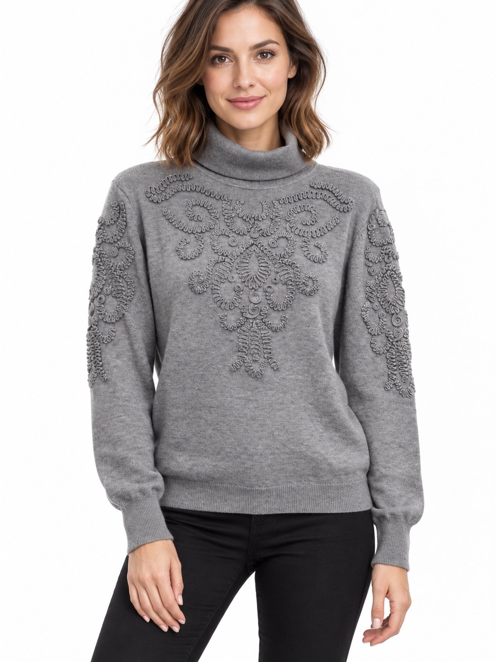Elie Tahari Gray Soutache Embroidered Turtleneck Sweater L